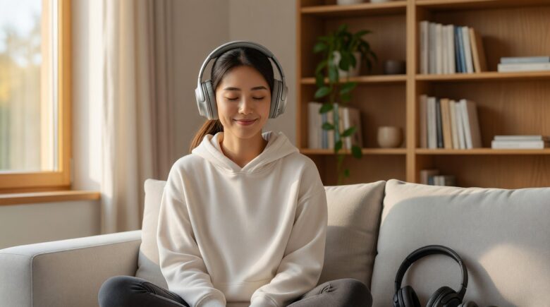Beginner holding noise-canceling headphones while reading a buying guide on a laptop