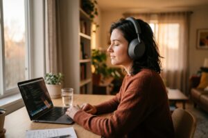 Remote worker wearing noise-canceling headphones at a home office desk with a laptop and coffee cup