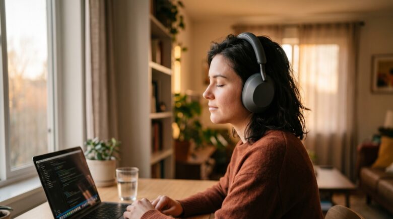 Remote worker wearing noise-canceling headphones at a home office desk with a laptop and coffee cup