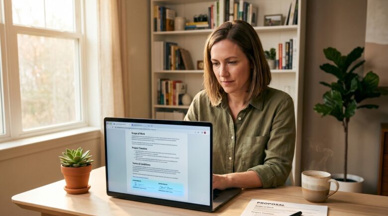 Side-by-side comparison of PandaDoc and Proposify interfaces on a laptop screen for small business proposal management