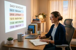 Remote teacher using a personal portable projector for her morning online class at a home desk