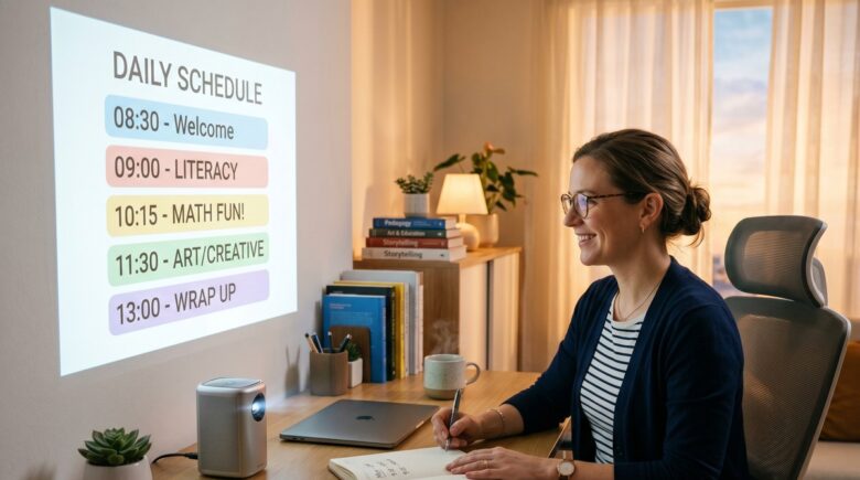 Remote teacher using a personal portable projector for her morning online class at a home desk