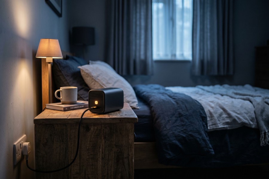 Close-up of compact portable projector on a wooden desk next to a laptop