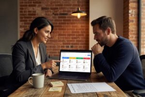 Two-person agency team using a pipeline app on a laptop to track follow-up deals