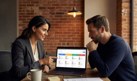Two-person agency team using a pipeline app on a laptop to track follow-up deals