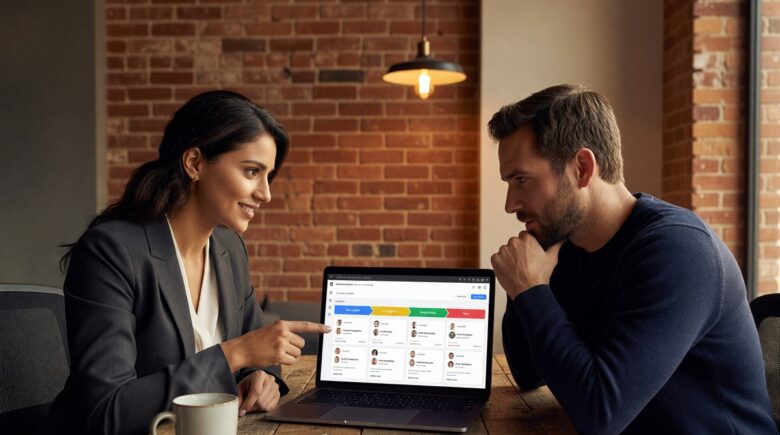 Two-person agency team using a pipeline app on a laptop to track follow-up deals