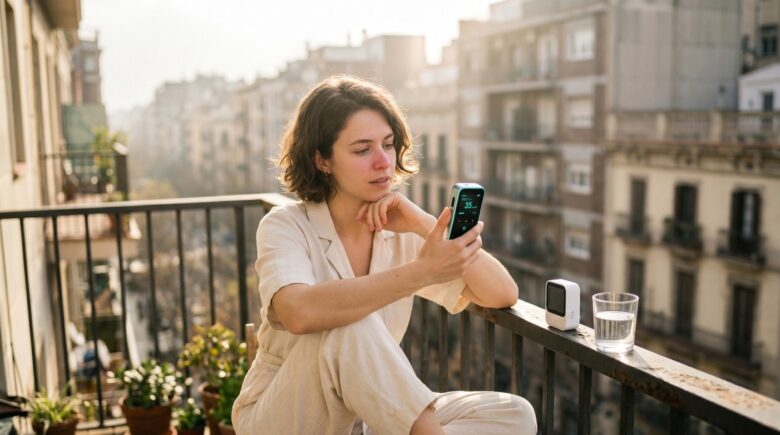 Person holding a portable air quality monitor indoors to check allergen levels