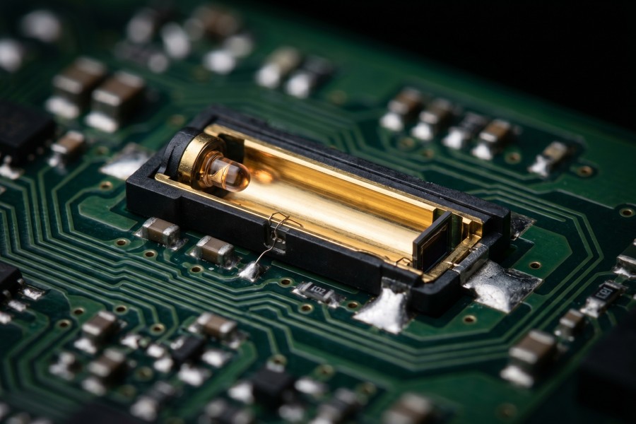 Close-up of portable air quality monitor sensors and internal components on a white background