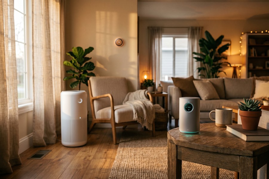 Smartphone app dashboard displaying real-time indoor air quality data and historical trends