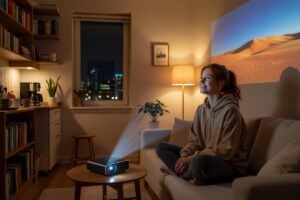 Portable projector set up in a small apartment living room projecting onto a white wall