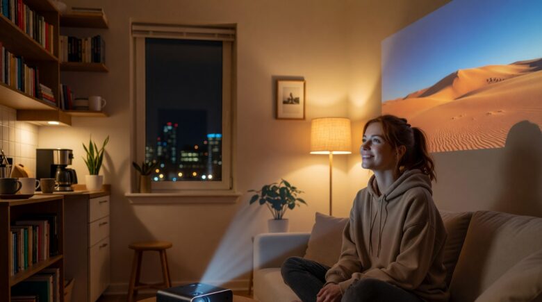 Portable projector set up in a small apartment living room projecting onto a white wall