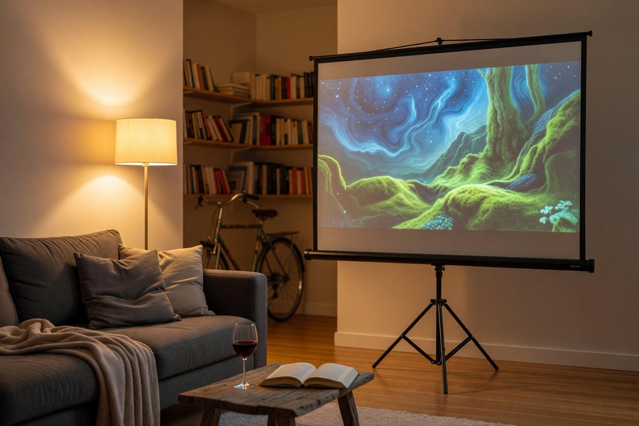 Portable pull-down projection screen set up in a small studio apartment living area