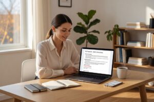 Freelance consultant using a proposal app on laptop to send and track client proposals