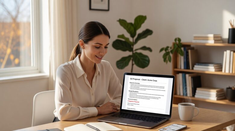 Freelance consultant using a proposal app on laptop to send and track client proposals