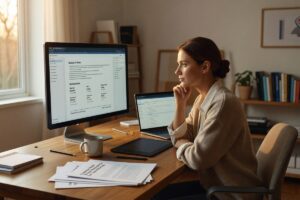 Freelance designer using a proposal app on laptop to create and send client proposals