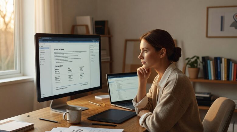 Freelance designer using a proposal app on laptop to create and send client proposals