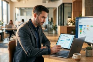Side-by-side comparison of a dedicated proposal app and a CRM dashboard on a laptop screen