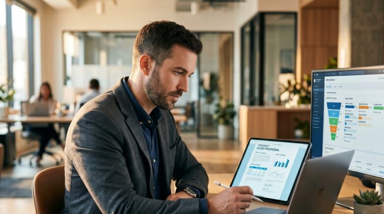 Side-by-side comparison of a dedicated proposal app and a CRM dashboard on a laptop screen