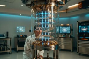 Beginner-friendly visual illustration of quantum computing concepts with qubits and circuits