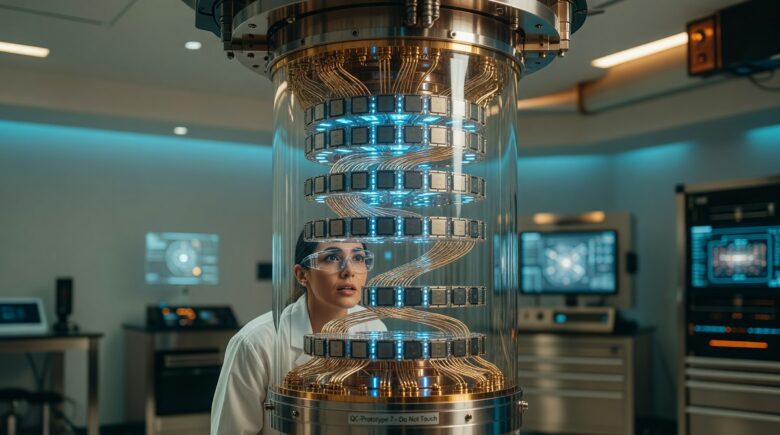 Beginner-friendly visual illustration of quantum computing concepts with qubits and circuits