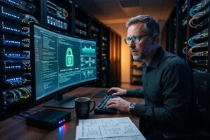Person evaluating quantum safe encryption tools on a secure digital interface