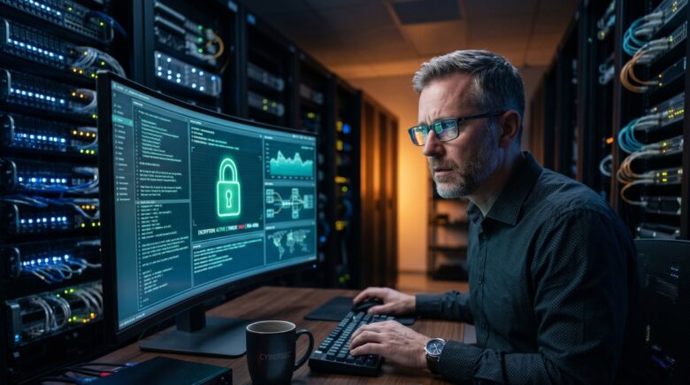 Person evaluating quantum safe encryption tools on a secure digital interface