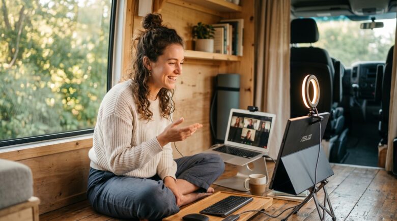 Remote teacher using a portable tech kit with laptop and accessories at a cafe