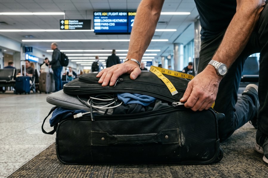 Open tech backpack with organized compartments showing laptop, ring light, microphone, and cable roll