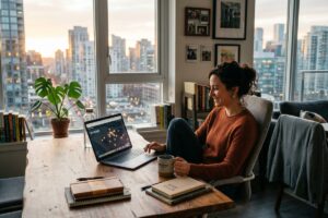 Remote worker sitting at a cafe laptop in a vibrant base city neighborhood