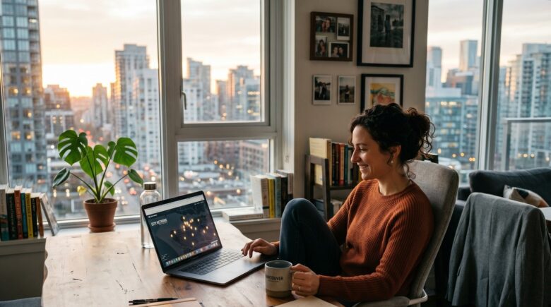 Remote worker sitting at a cafe laptop in a vibrant base city neighborhood