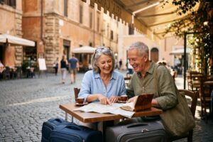 Retired couple smiling while traveling the world on a fixed income with luggage at an international airport