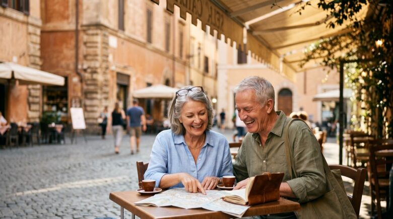 Retired couple smiling while traveling the world on a fixed income with luggage at an international airport