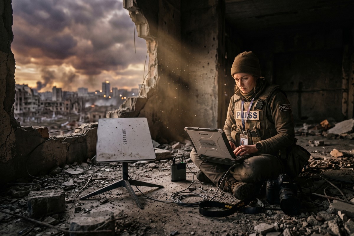 Independent journalist using satellite internet equipment to report live from a conflict zone in the field