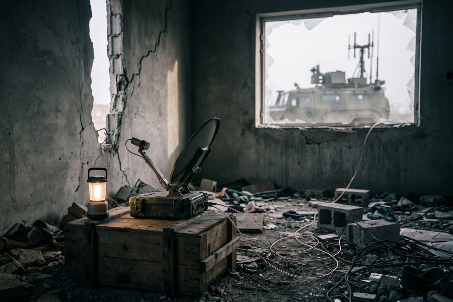 Journalist setting up a compact Starlink terminal in a ruined building during a conflict