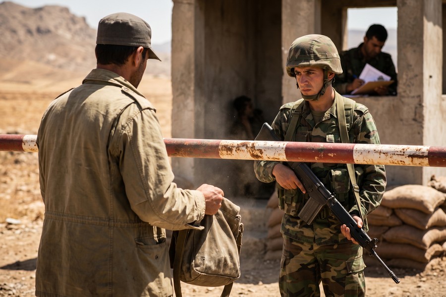 Independent journalist reviewing legal documents and press credentials before checkpoint crossing