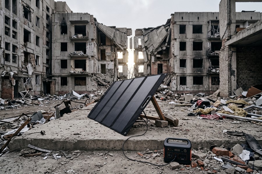 Portable solar panels charging a power station next to a satellite terminal in a field
