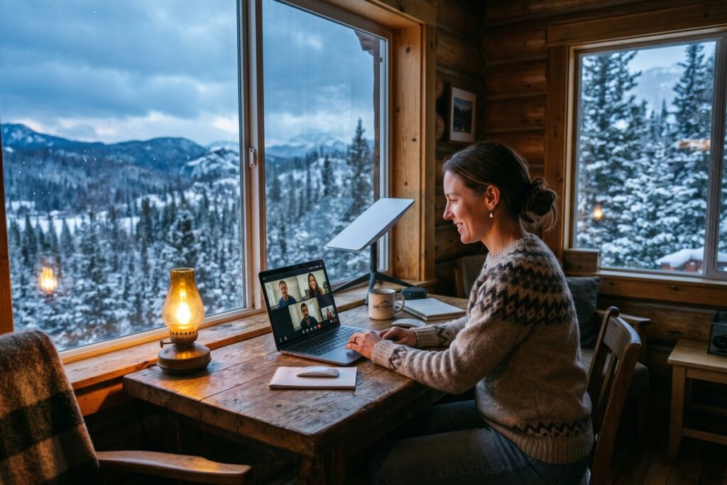 A remote worker on a laptop outside a rural home with a Starlink satellite dish mounted on the roof
