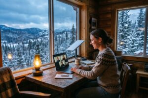 A remote worker on a laptop outside a rural home with a Starlink satellite dish mounted on the roof