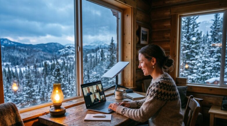 A remote worker on a laptop outside a rural home with a Starlink satellite dish mounted on the roof