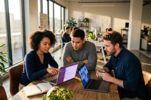 Side-by-side comparison of Slack and Microsoft Teams interfaces on a laptop screen