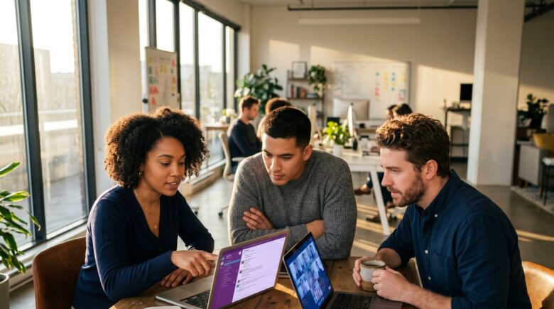 Side-by-side comparison of Slack and Microsoft Teams interfaces on a laptop screen