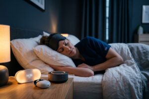 Sleep tech gadgets laid out on a bed for night shift workers including eye mask tracker and white noise machine