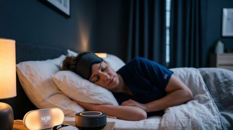 Sleep tech gadgets laid out on a bed for night shift workers including eye mask tracker and white noise machine