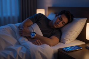 Person wearing a sleep tracking device on their wrist while sleeping in bed