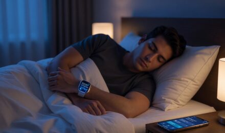 Person wearing a sleep tracking device on their wrist while sleeping in bed