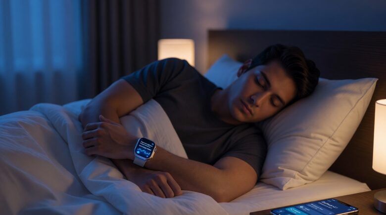 Person wearing a sleep tracking device on their wrist while sleeping in bed