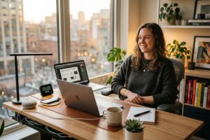 Freelance designer using smart desk gadgets at a modern home office workspace