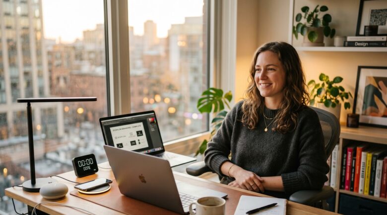 Freelance designer using smart desk gadgets at a modern home office workspace