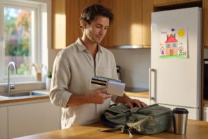 Busy parent using a smart wallet to organize cards and cash on a kitchen counter