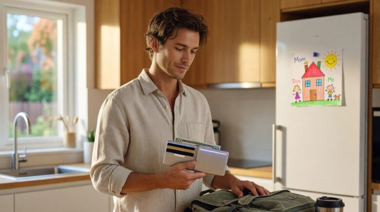 Busy parent using a smart wallet to organize cards and cash on a kitchen counter